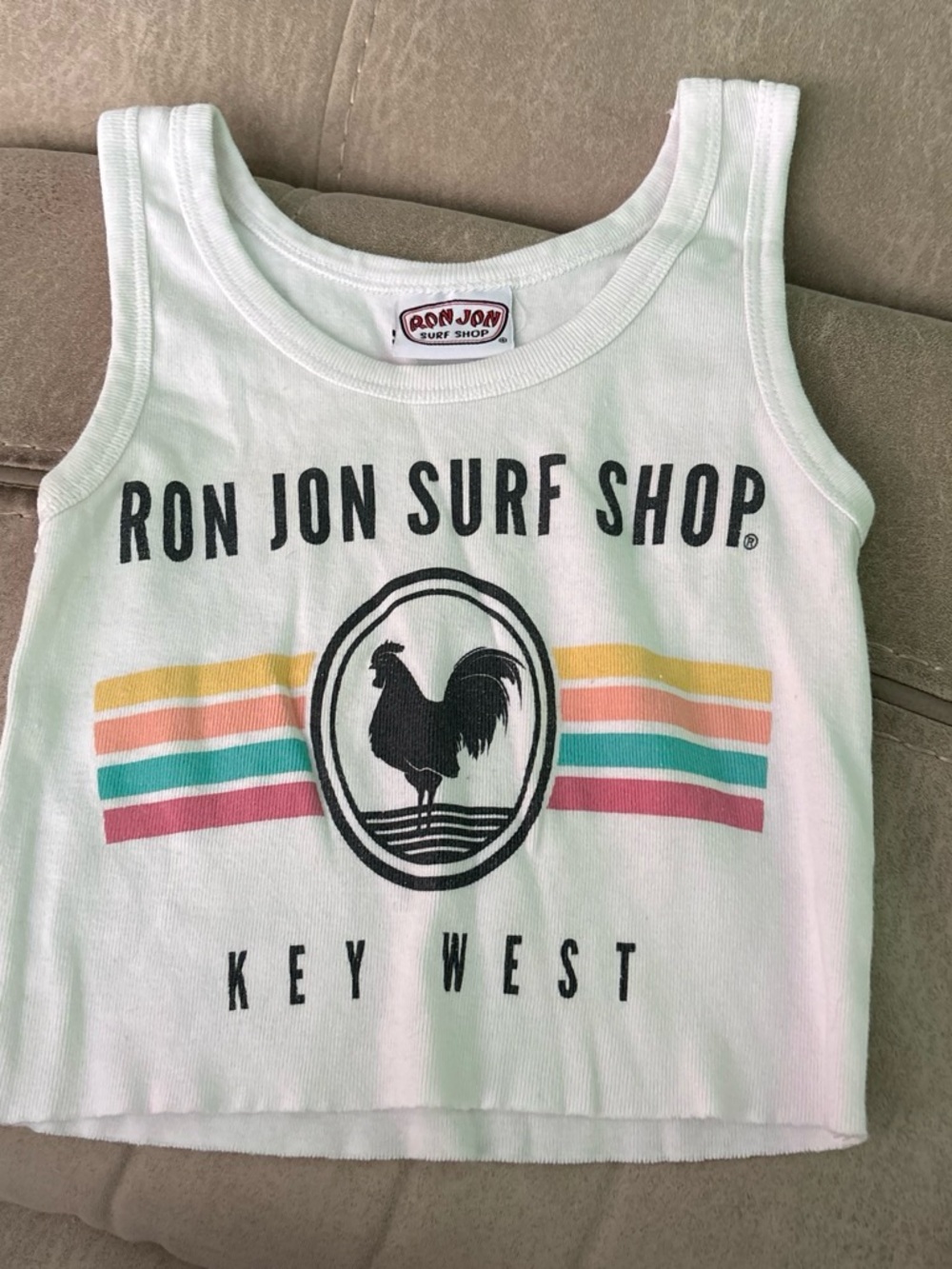 Ron Jon White Tank Top with Multicolor Stripe Rooster Graphic